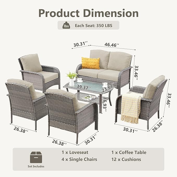 CAODOC 6-Piece Wicker Patio Furniture Set, All-Weather Rattan Conversation Bistro Loveseat Chair and Table Set for Backyard, Balcony and Deck with Soft Cushions and Metal Table(Beige)