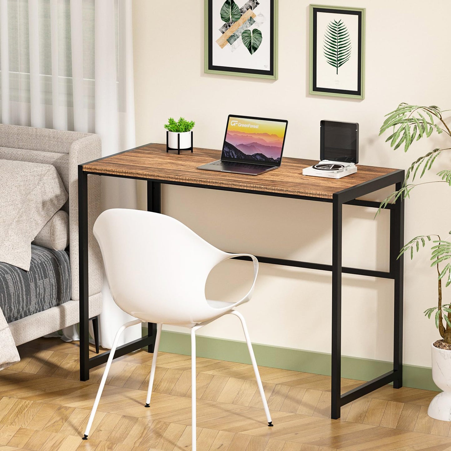 GreenForest Folding Desk No-Assembly,31.5 in Small Desk for Small Spaces Computer Desk for Home Office,Space Saving Foldable Table Study Writing Desk,Walnut