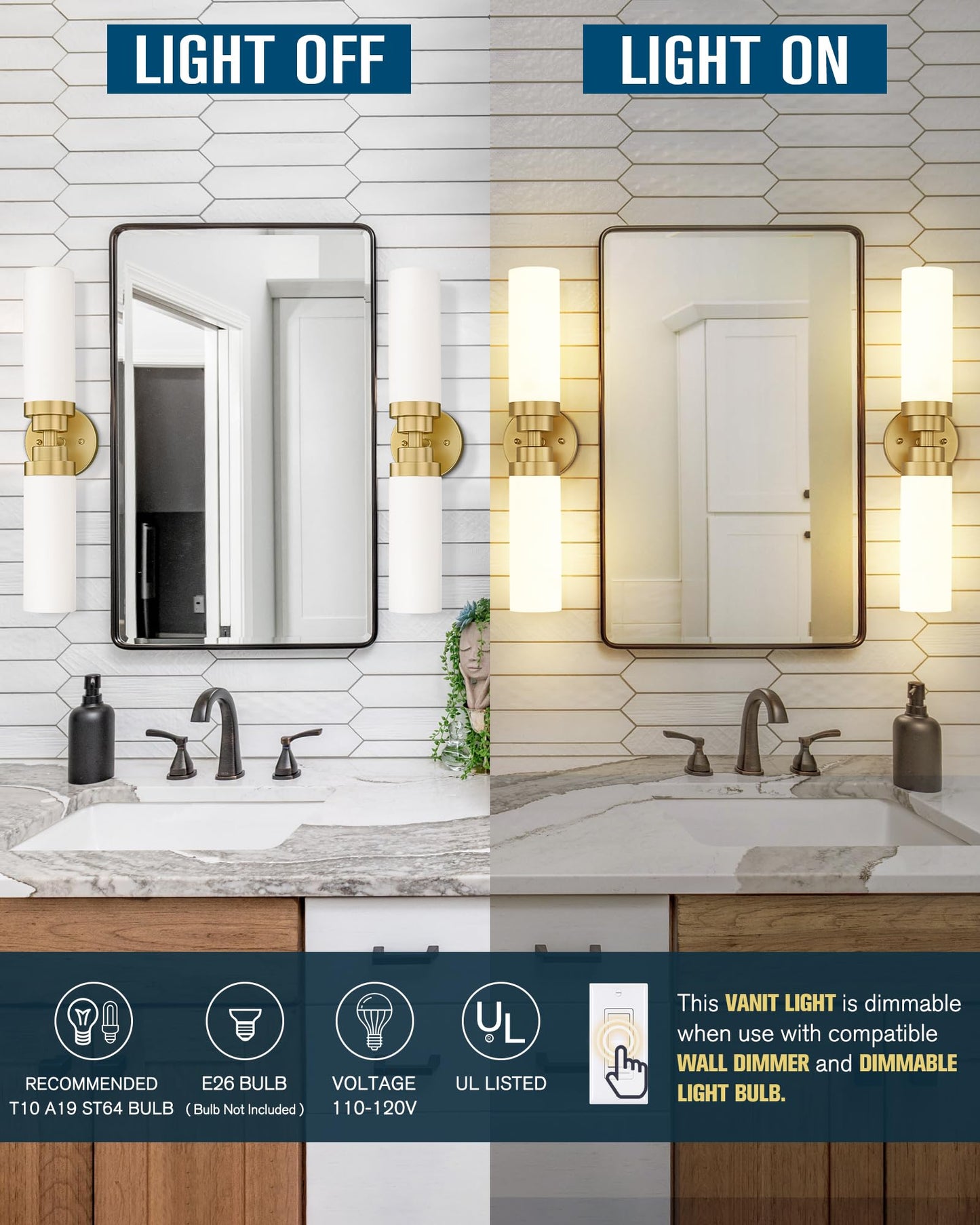 Emak 22 Inch Gold Bathroom Light Fixtures Over Mirror, 2 Light Bathroom Vanity Light with Milk Glass Shade, Modern Wall Sconce Set of Two for Bath, Hallway, VL085-GDL-ML-2-2PK