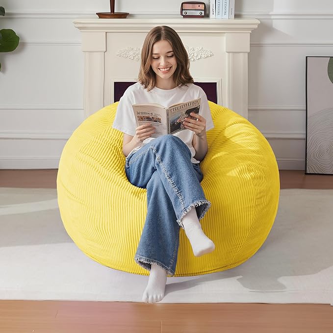 Homguava 3.5FT Bean Bag Chair: Teardrop Bean Bags with Memory Foam Filled, Compact Beanbag Chairs Soft Sofa with Corduroy Cover (Yellow)