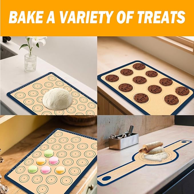 Macaron Silicone Baking Mat Set with Measurement Grid All-in-one 7Pcs Reusable Non-Stick Oven Mats Sheets for Macaron Cookie, Pizza, Pastries & Bread
