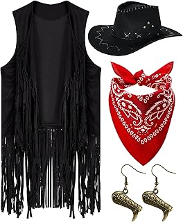 Xtinmee 4 Pcs Western Cowgirl Cowboy Outfits Set Women Tassel Vest Hat Dangle Drop Earring Paisley Bandana Dress up