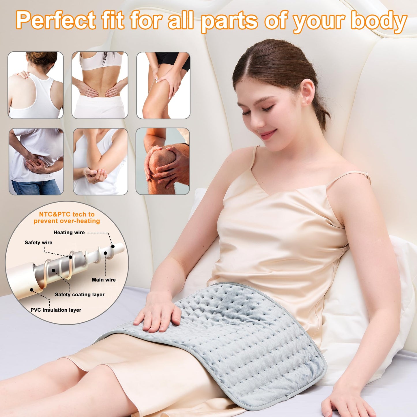 Heating Pad,Electric Heating Pads for Back,Neck,Abdomen,Moist Heating Pad for Shoulder,Knee,Arms,Legs,Dry/Moist Heat & Auto Shut Off,Birthday Gifts for Men and Women(Light Gray, 24''×12'')