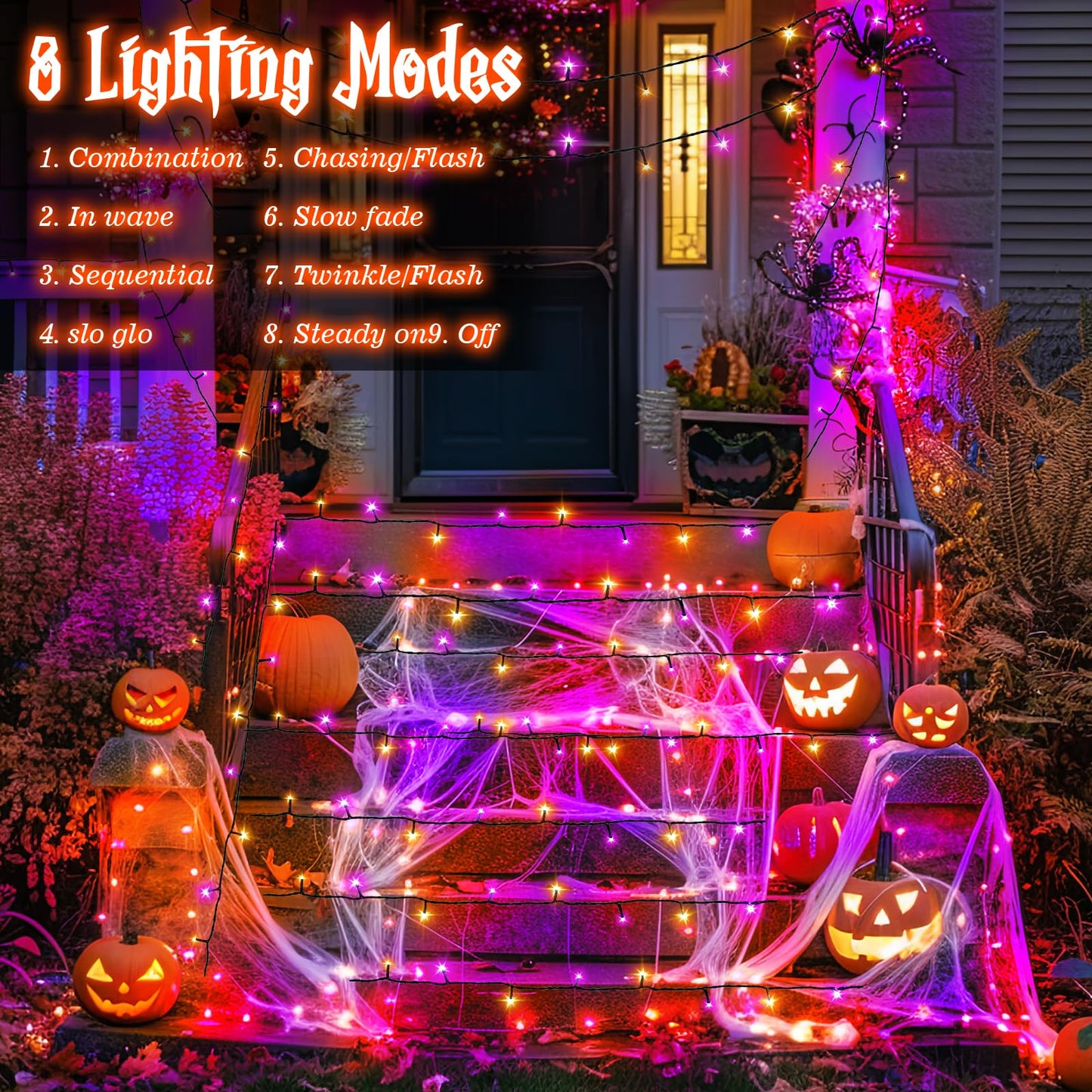 FFZZKJ Halloween Lights String Total 100LED Battery Operated Outdoor 8 Modes with Timer 16.4Ft*2, 50LED*2 Waterproof Fairy Lights Indoor for Halloween Decor, Orange&Purple, 2-Pack
