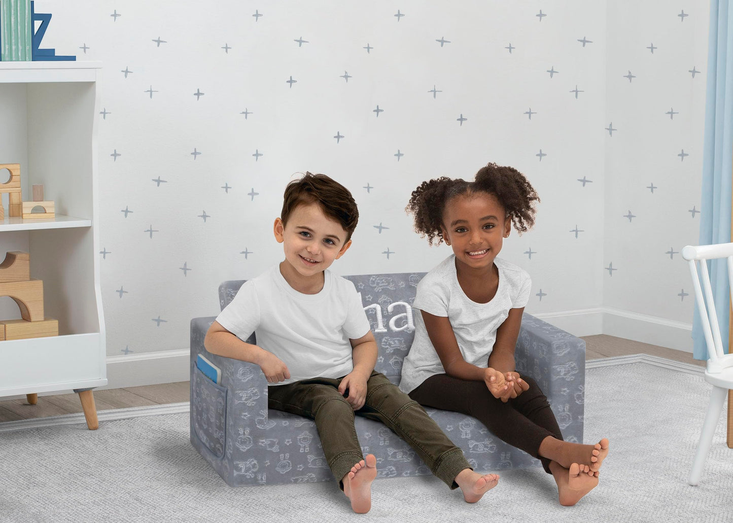 Delta Children Serta Perfect Sleeper Personalized Extra Wide Convertible Sofa to Lounger, Comfy 2-in-1 Flip Open Couch/Sleeper for Kids, Grey