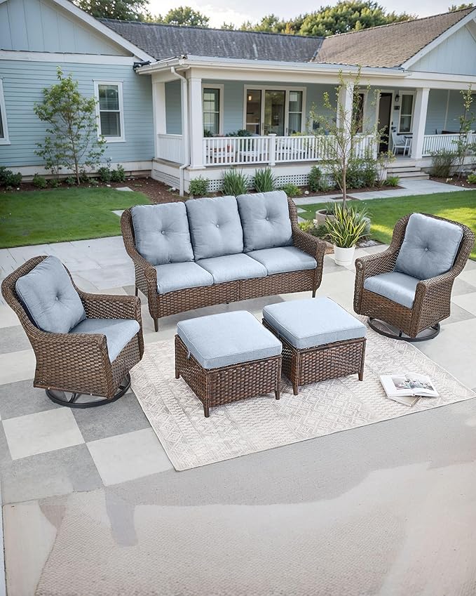 ACTREST Patio Couch Outdoor Wicker Sofa - Heavy Duty All-Weather Brown Rattan 3-Seater with High Back and Comfortable Thick Cushions for Garden Back Porch Poolside Apartment - Baby Blue