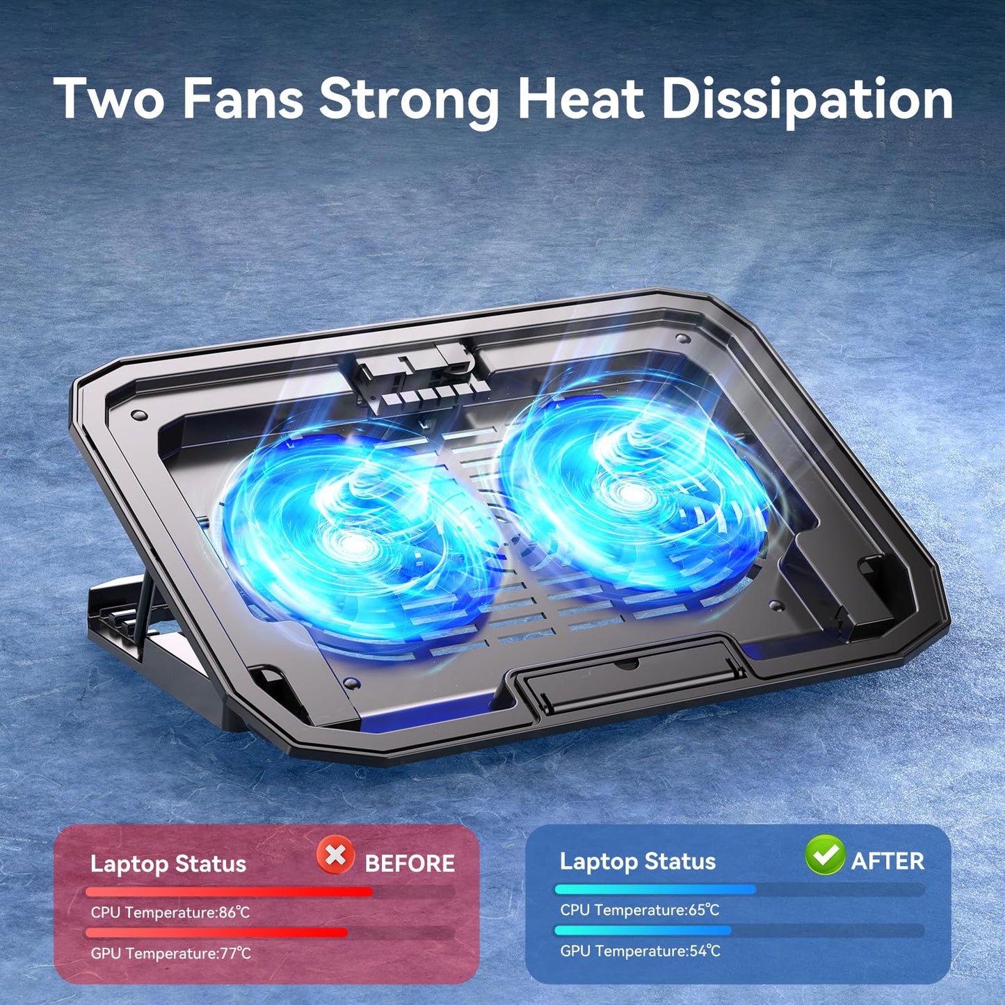 Kyolly Ultra Slim Laptop Cooling Pad With 2 Quiet Big Fans, 5 Height Adjustable Ergonomic Stand, Portable Cooler For 10-15.6 Inc