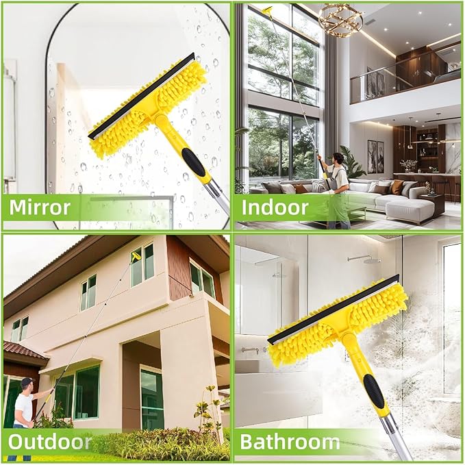 370'' Long Reach Window Squeegee with Telescoping Extension Pole, 2-in-1 Indoor/Outdoor Cleaning Tool with 270° Rotatable Head, Lightweight Alloy Aluminum Pole for Shower Door, Mirror, Car Windshield