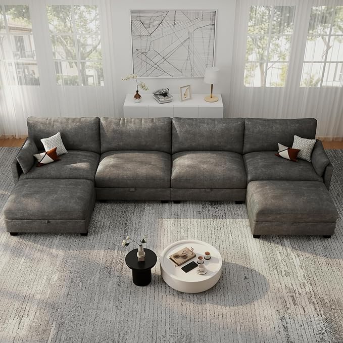 OhaiAura Modular Sectional U Shaped Sofa Couches for Living Room, Cloud Couch with Storage Ottoman, Comfy Chenille Sofa with Pillow, Dark Gray