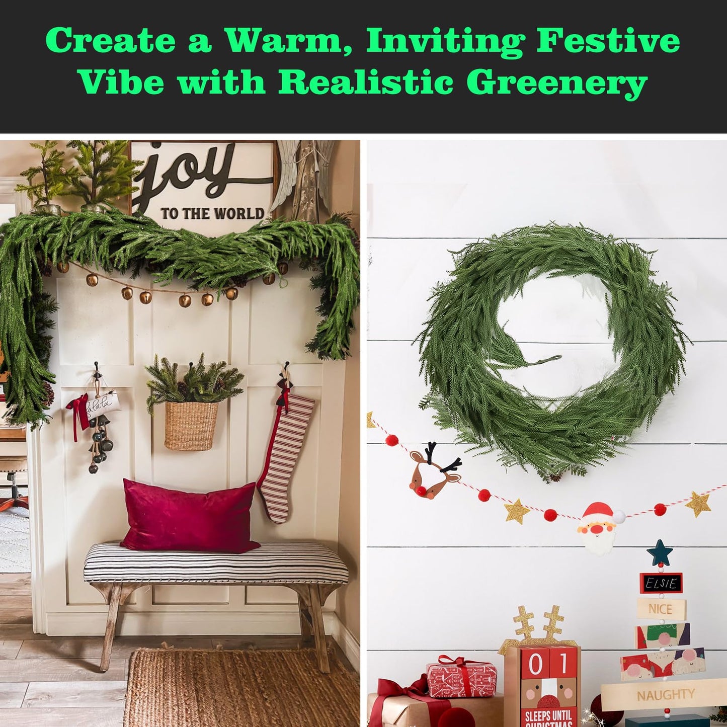 Christmas Garland Glow in The Dark,Artificial Luminous Green Norfolk Pine Garlands,Real Touch Winter Greenery Garland for Christmas Tree Decor Outdoor Garden Table Fireplace Wall Home Decoration