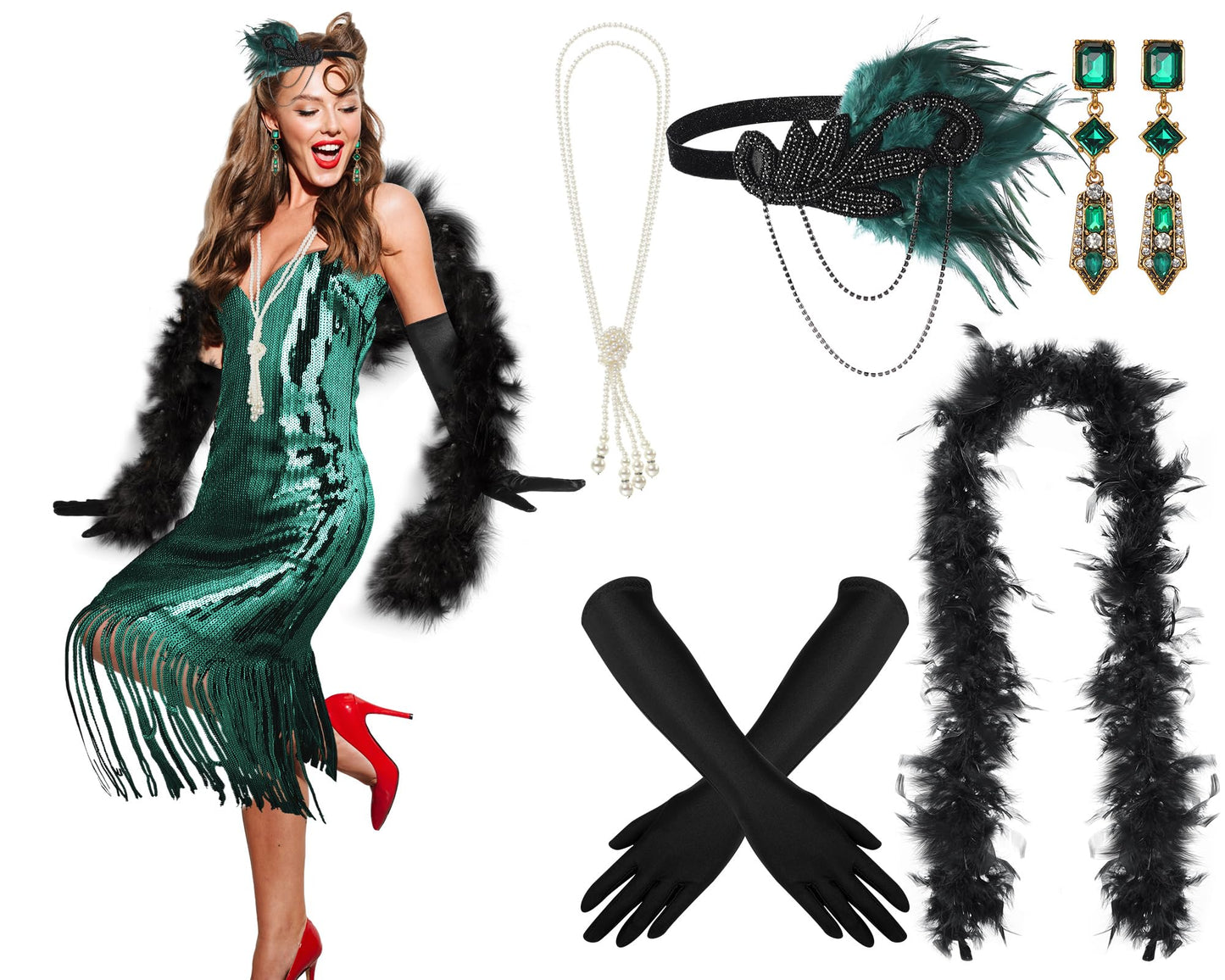Tisancy 7 Pcs 1920s Women's Flapper Dress Sequin Dress Costume Headwear Earring Necklace Glove Stick Set and Long Feather Boa (Malachite Green,Large)