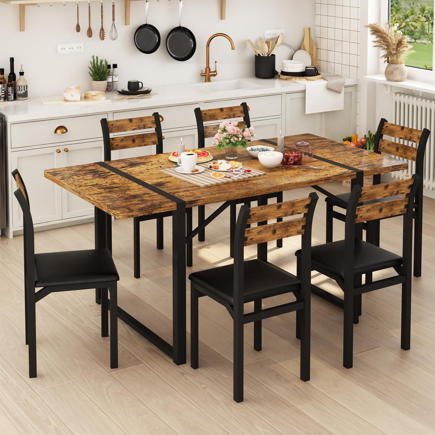 Recaceik Dining Table Set for 6, 55‘’ Wooden Dinner Table Set for 6 with Upholstered Dining Room Chairs, Farmhouse Kitchen Table and Chairs