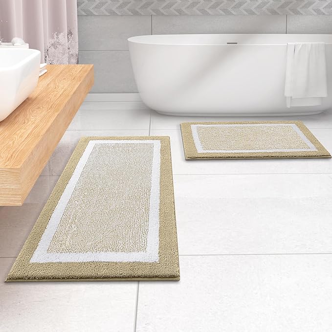 OLANLY Bathroom Rugs 47x20, Extra Soft and Absorbent Microfiber Bath Mat, Non-Slip, Machine Washable, Quick Dry Shaggy Bath Carpet, Suitable for Bathroom Floor, Tub, Shower (Runner, Beige)