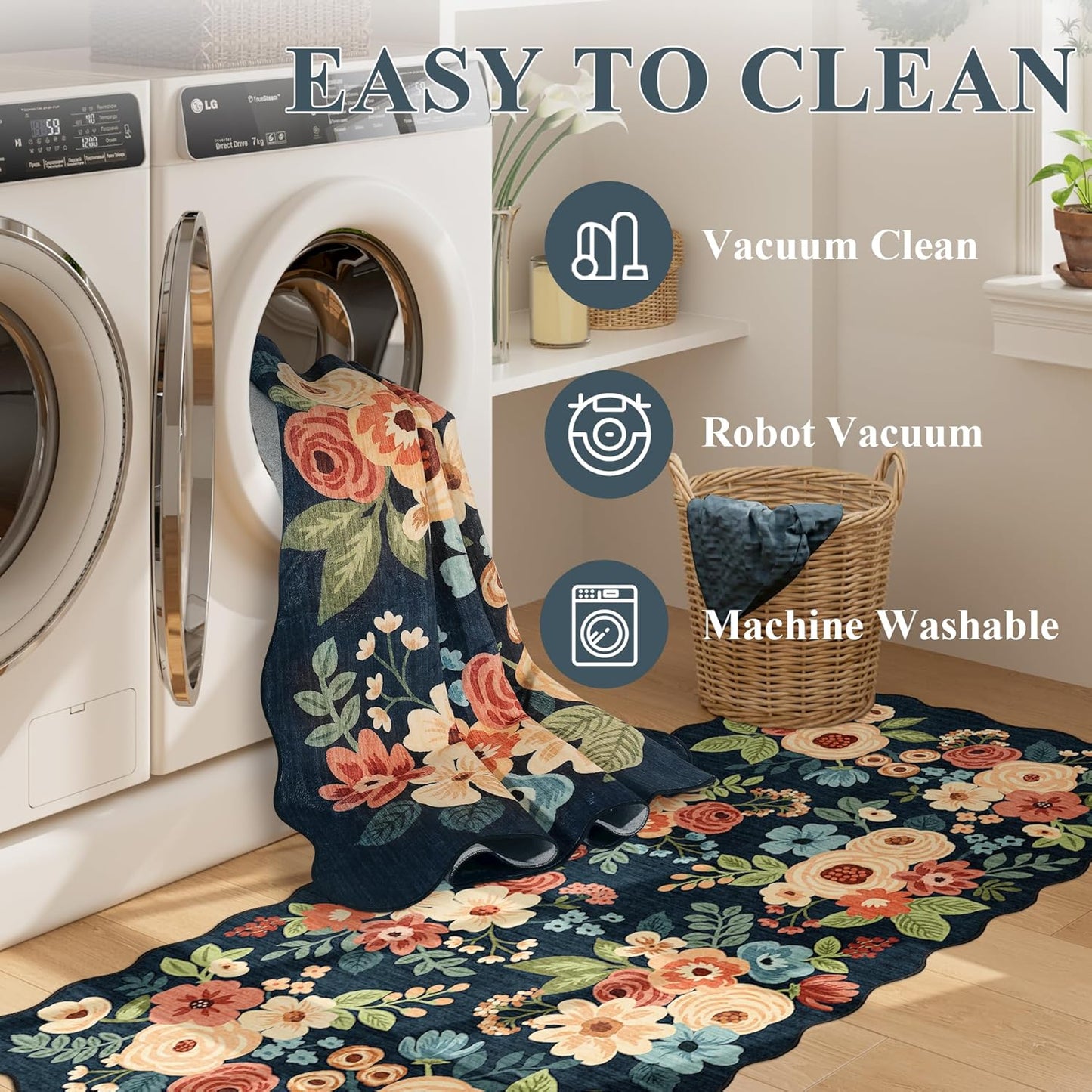 DUKINO 2x4 Washable Runner Rugs, Non Slip Floral Print Entryway Rug with Soft Low Pile, Lightweight Mat for Living Room, Bathroom, Bedroom, Kitchen, Navy Blue