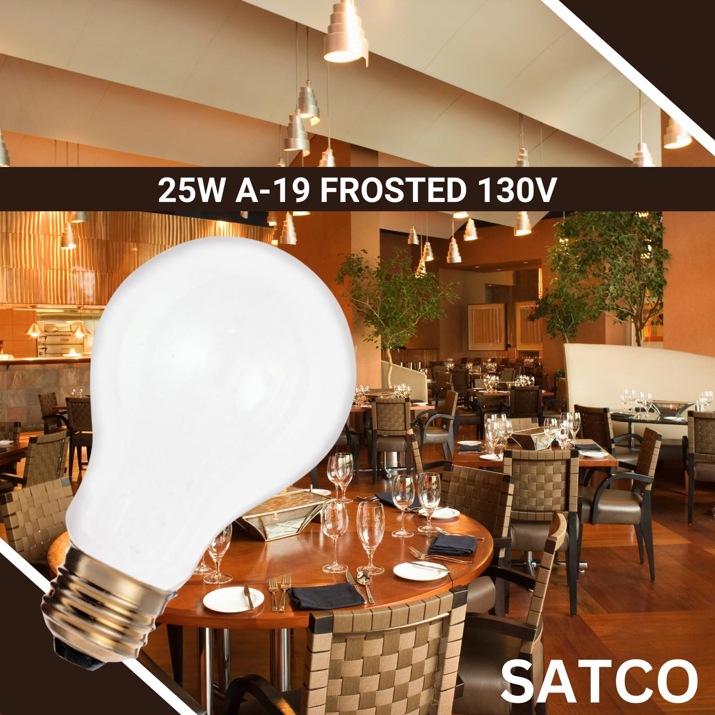 Satco S3950 A19 Incandescent Bulb, 25W, 130V, Frosted Finish, 180 Lumens, Medium E26 Base, Dimmable, 2700K Warm White, 2,500 Hour Lifespan (12 Bulbs)