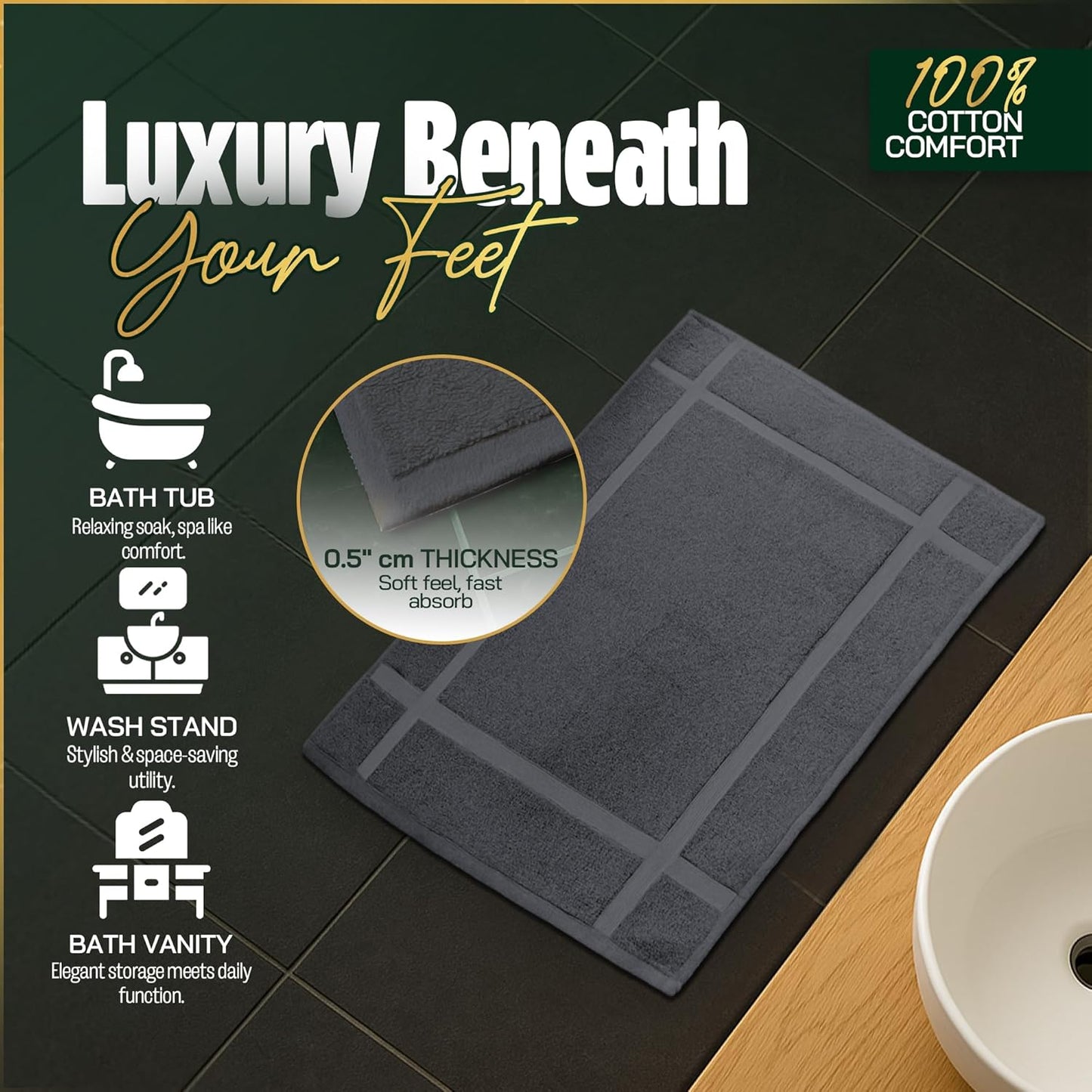 Pearl Linens Pack of 12 Washable Cotton Bath Mat 20x30 - Soft & Absorbent Quick Dry Bathroom Mat Set, Not Bathroom Rugs After Shower Mat, Terry Bath Tubmat, 687 GSM Dark Grey