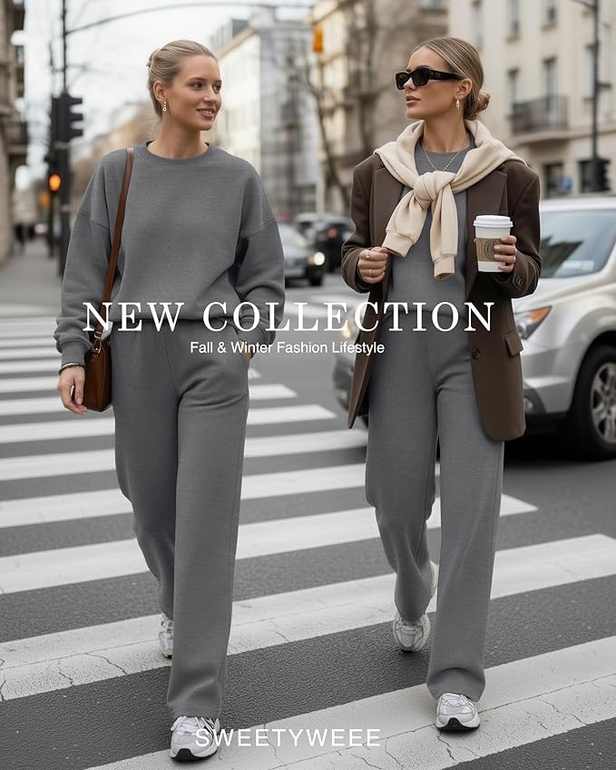 Sweetyweee Women's 2 Piece Outfits Set Fleece Lined Lounge Sweatsuit Crewneck Pullover Top Wide Leg Pants Casual Tracksuit