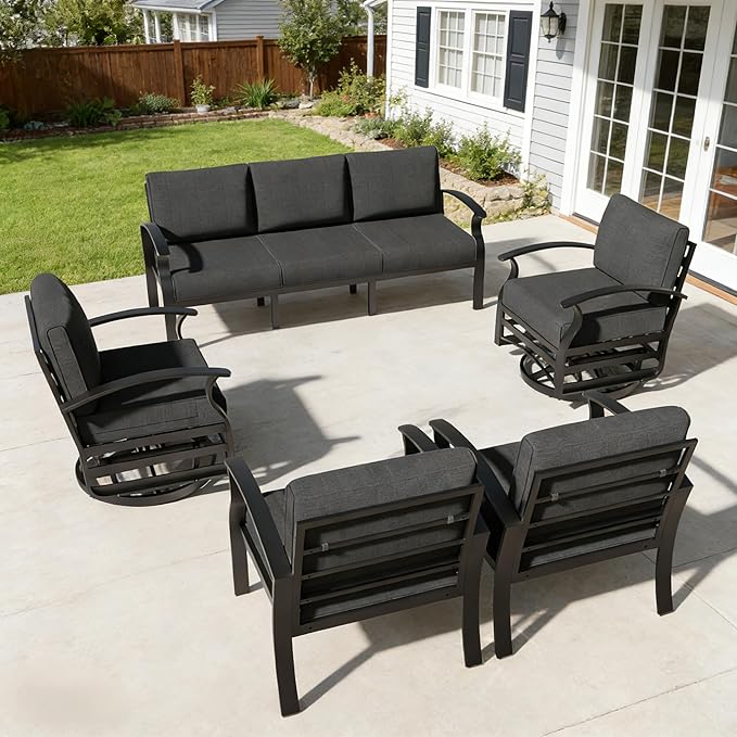 RTDTD Aluminum Outdoor Patio Furniture Set,5 Pieces 7 Seats Patio Conversation Sets with 2 Swivel Rocking Chairs,Metal Patio Sectional Furniture Set with 5.1" Thickened Cushions,Black