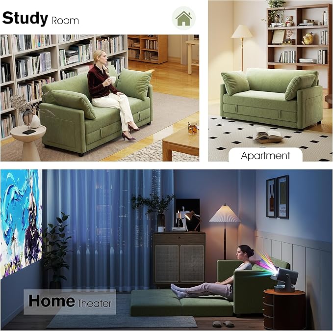 kakuboohi 65" Loveseat Sleeper Sofa Bed, Chenille Convertible Floor Sofa Bed for Small Spaces, Folding Couch Bed with Deep Seat, 2 Pillows & Solid Frame, Pull Out Floor Couch for Living Room, Green