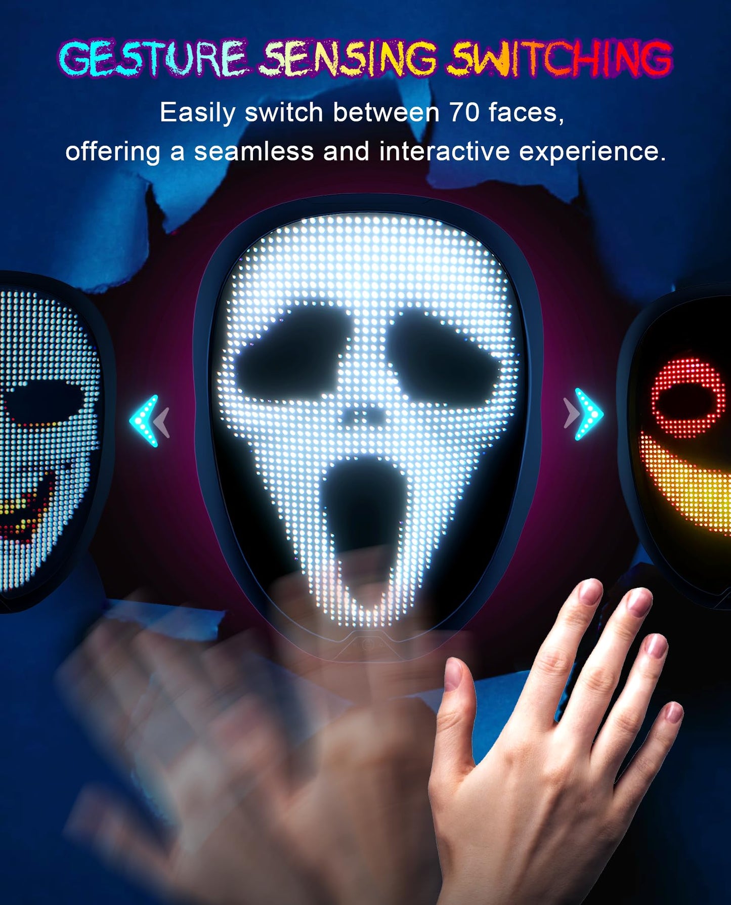 Yinenio LED Mask with Programmable App & Gesture Sensing, DIY Unisex LED Lighted Face Transforming Mask for Halloween Costume