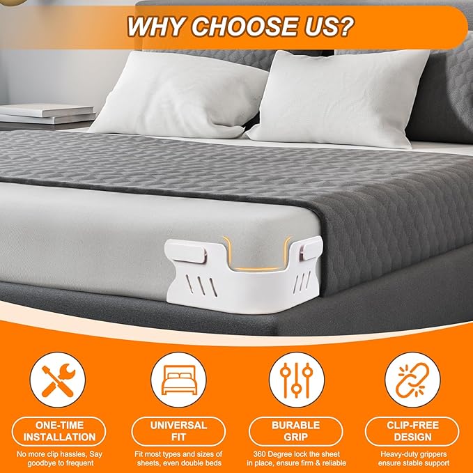 Bed Sheet Holders for Corners, 4Pcs Heavy Duty Fitted Sheet Holder with Lock Fastener Straps &Anti-Slip Pads Keep Sheets Firm&Tight, No More Loose Sheets, Easy Installation for Any Mattress (White)