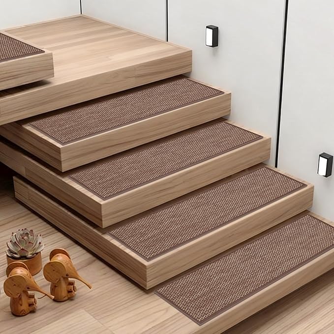 Non-Slip Stair Treads for Wooden Steps Indoor, 4 Pack 8x30in Carpet Stair Treads with Reusable Adhesive, Stair Runners for Wooden Steps Non Slip for Kids Elders and Pets,Machine Washable, Brown Weave