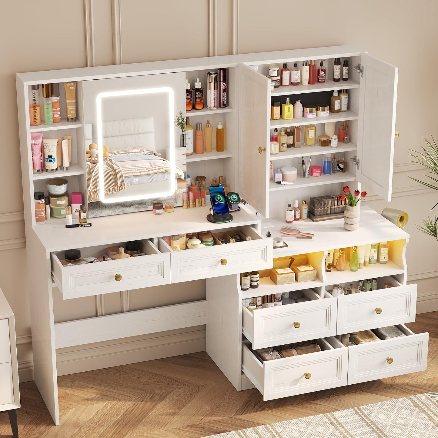 Vabches 58.6" Large Vanity Desk with Sliding Mirror & Lights, White Makeup Vanity Table & Nightstand Combo with Power Outlet and 6 Drawers 15 Shelves with Light Strips for Bedroom Dressing Room