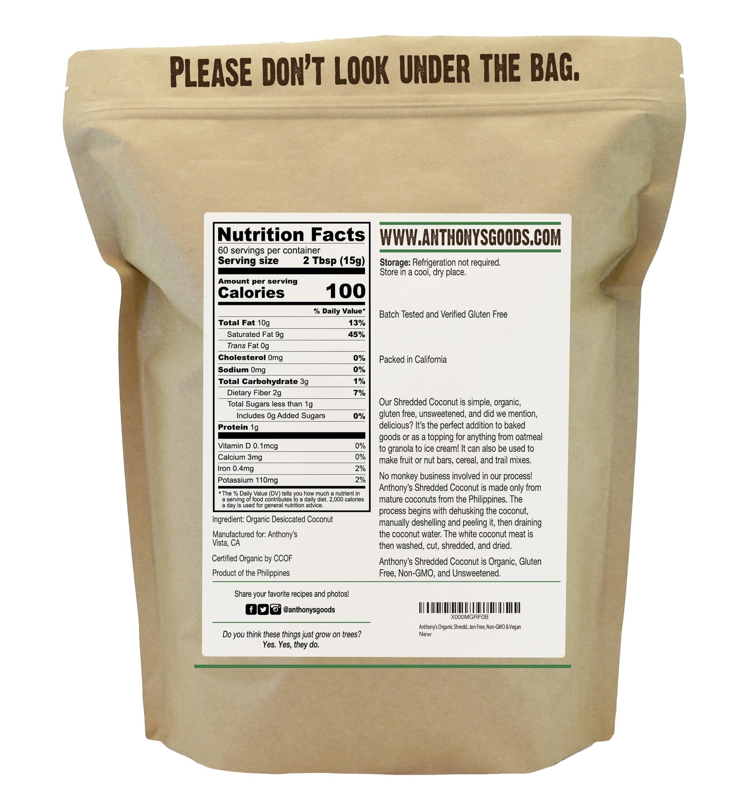Anthony's Organic Shredded Coconut, 2 lb, Unsweetened, Gluten Free, Non GMO, Vegan, Keto Friendly