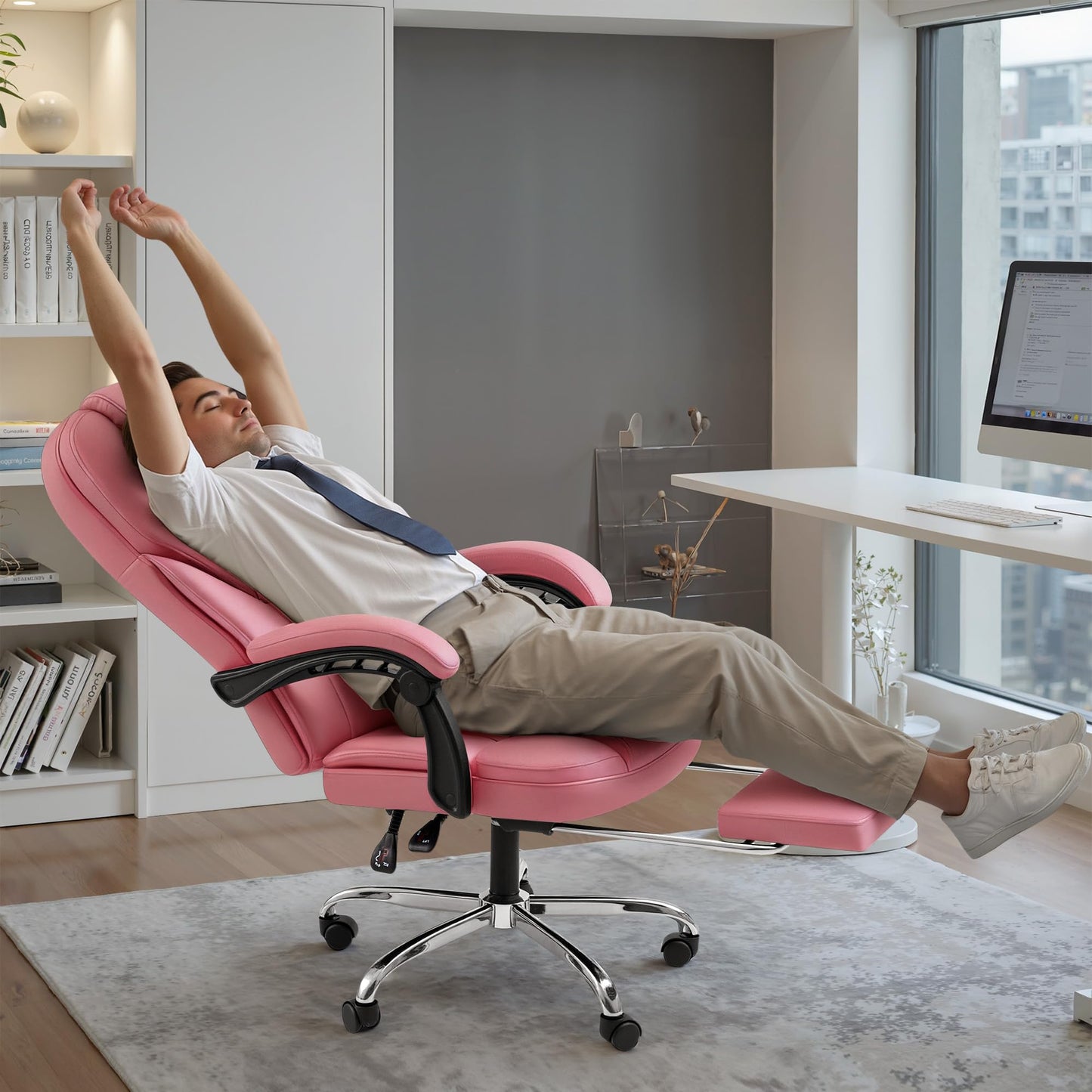 Shahoo Executive Office Chair with Massage, Ergonomic Reclining High Back Leather Seats with Footrest and Lumbar Support, Big and Tall, 400Lbs Heavy Duty, Pink