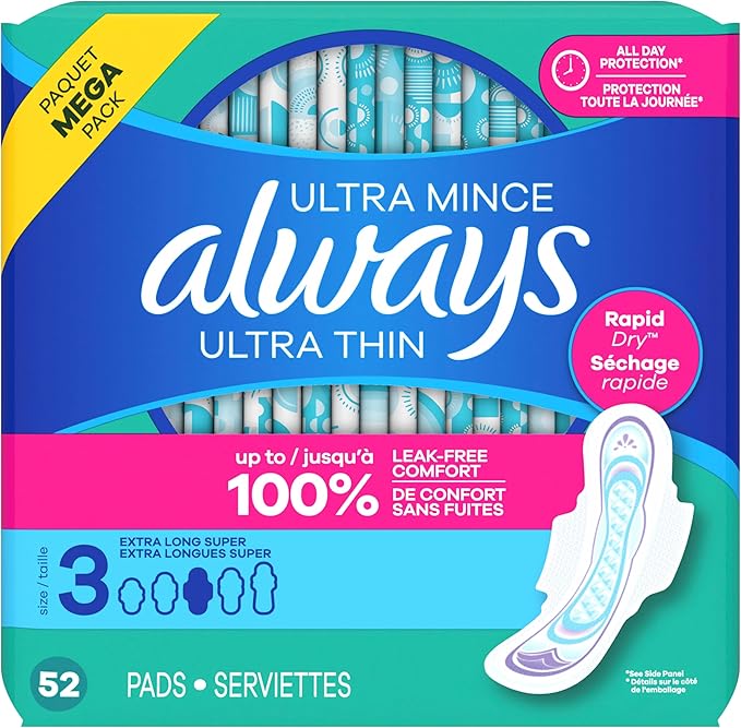 Always Ultra Thin Feminine Pads with Wings for Women, Size 3, Extra Long Super Absorbency, Unscented, Up to 100% Leak-Free Protection, 52 Count
