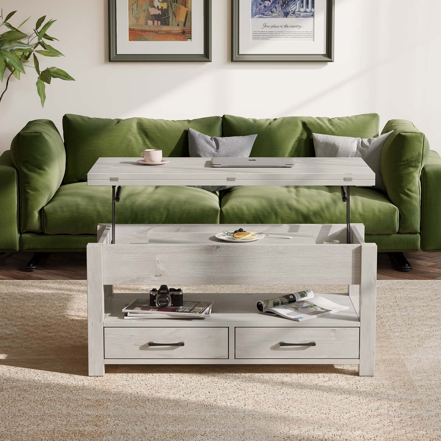 Rolanstar Coffee Table Lift Top, Multi-Function Convertible Coffee Table with Drawers and Hidden Compartment, Converts to Dining Table for Living Room, Home Office,Grey