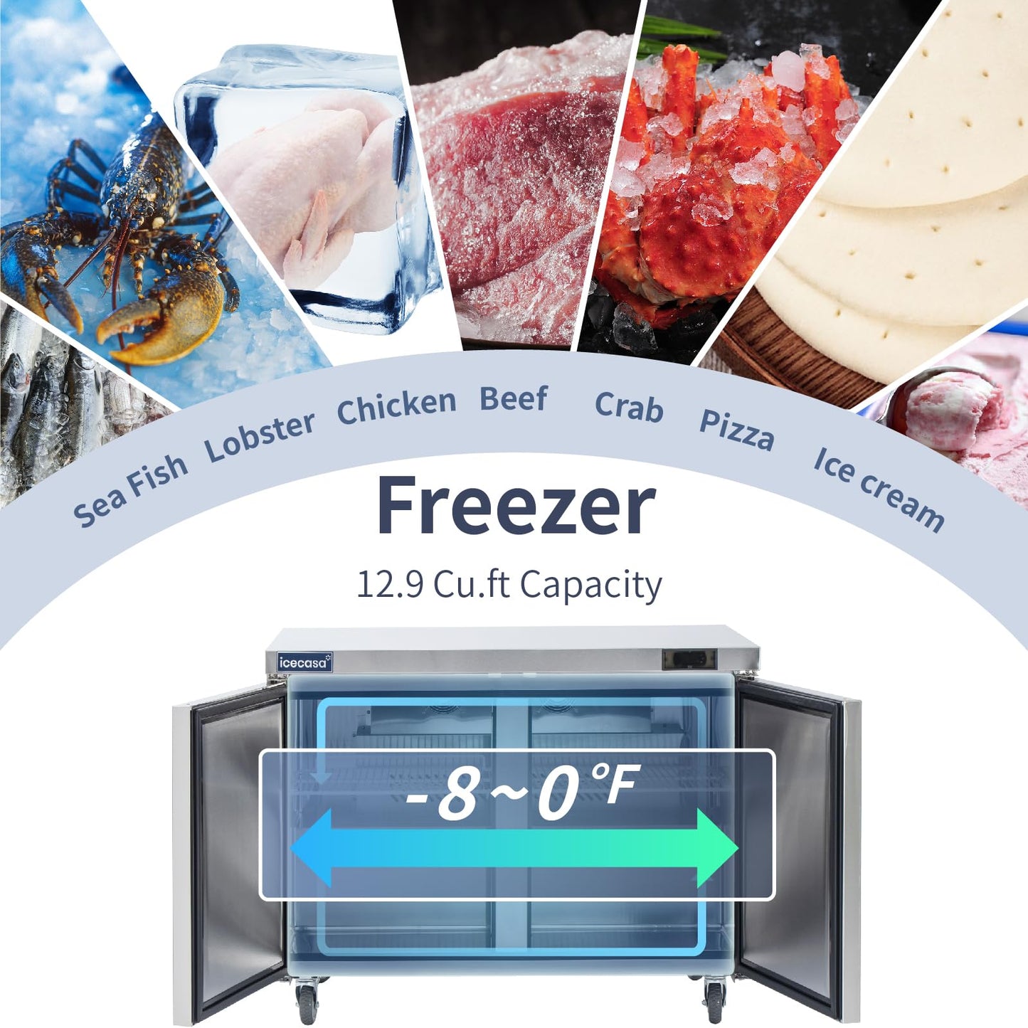 ICECASA 48" W Commercial Freezer Worktop Undercounter Freezer Single Door Stainless Steel Counter Fan Cooling 13 Cu.ft for Restaurant, Bar, Shop, etc