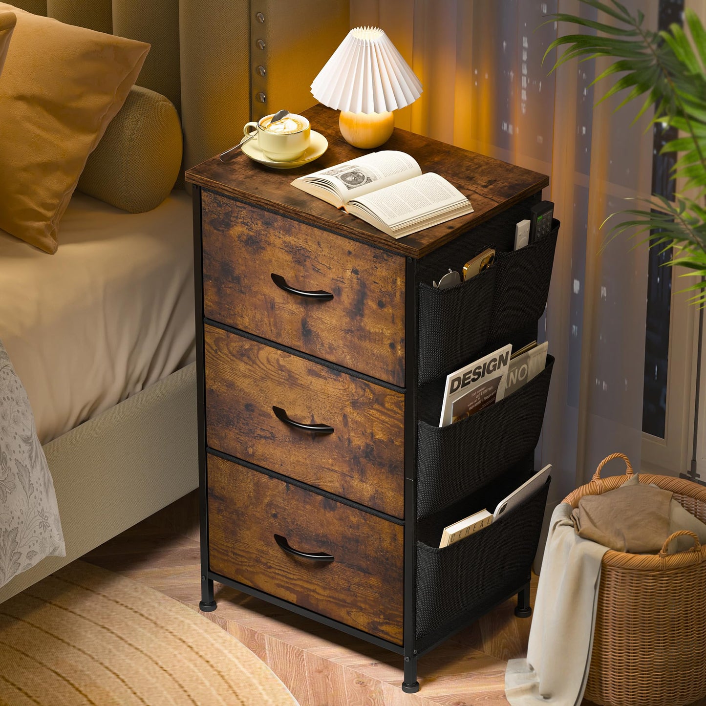 Night Stand Set 2, Night Stand with Drawers for Bedroom, Bedside Table with Wooden Top, Sturdy Steel Frame End Table, Dorm Nightstand for Bedroom, Entryway, Hallway, Cloth Bags, Hooks, Rustic Brown