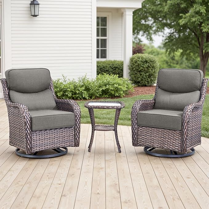 Rilyson Outdoor Patio Furniture Set - Weather Resistant Wicker,High Back,6 inch Cushions,3 Piece Patio Bistro Set with Swivel Rocker Chairs and Side Table for Deck Porch Yard,Brown/Grey
