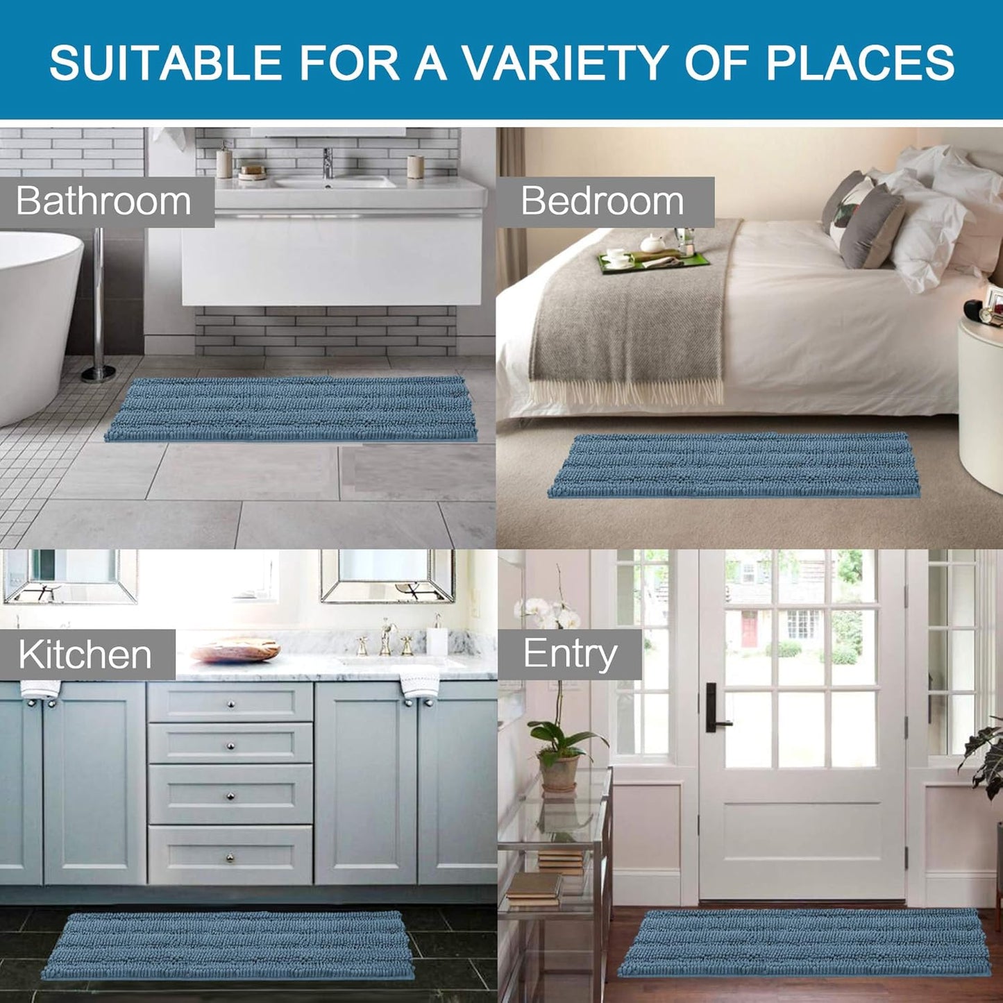 H.VERSAILTEX Bath Rugs for Bathroom Washable Non Slip Extra Thick Chenille Striped Bath Mat Rug Runners 47" x 17" Absorbent Fluffy Soft Shaggy Mats Plush Area Carpet for Bath Room, Tub - Stone Blue