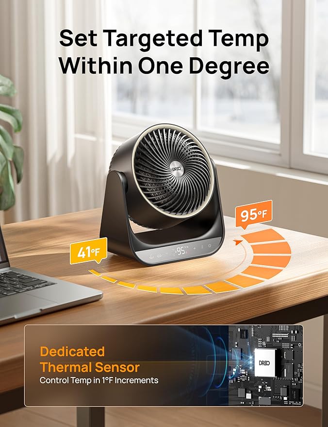 DREO Whole Room Heater 714, 60ยฐ Vertical & 90ยฐ Horizontal 3D Oscillating Heating, 12 ft/s Long-Range Circulator, 3 Heat & 3 Fan Settings, Space Heaters for Indoor Use, Bedroom, Office, Black