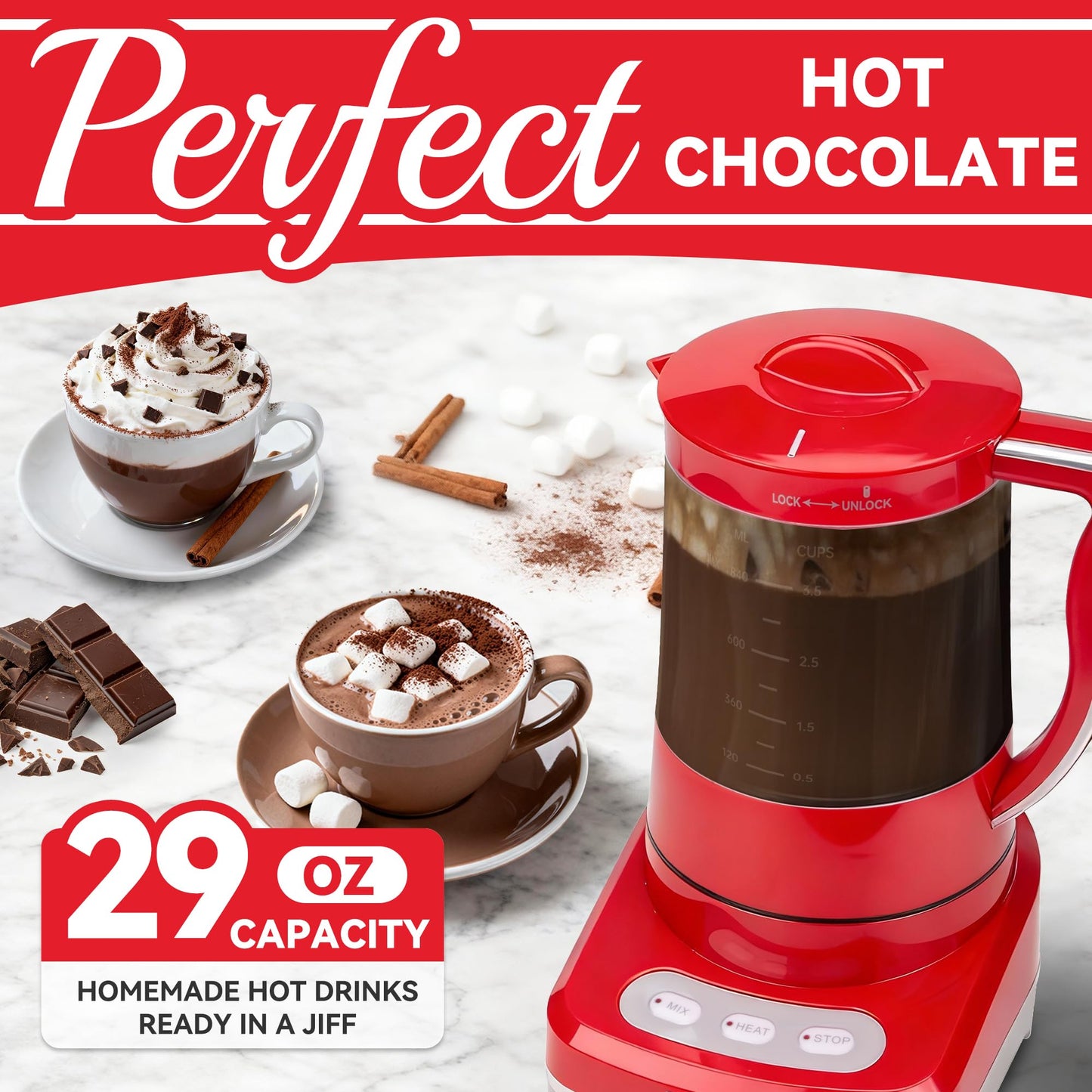 SugarWhisk 29 Oz Hot Chocolate Maker Machine, Electric Milk Frother and Steamer, Hot Cocoa Maker Machine for Hot Chocolate Bar, Detachable Pitcher, 2 Speed Mode, 3.5 Cups, Red