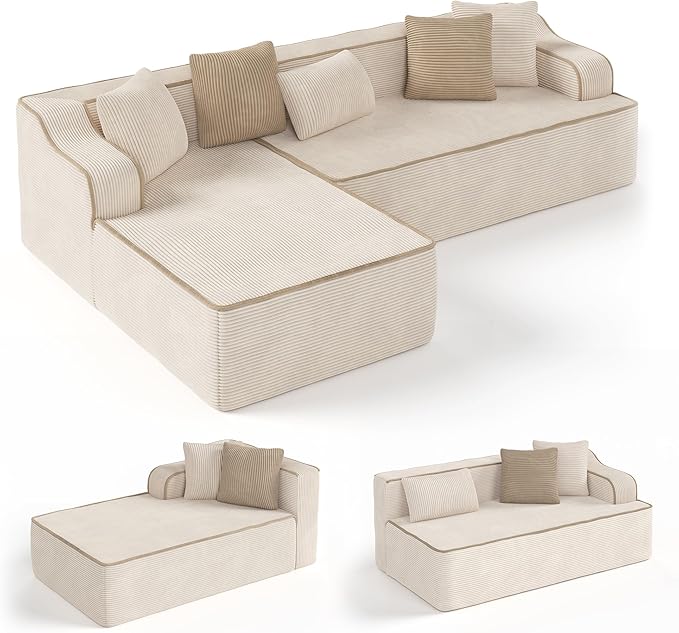 SUNSHINE VALLEY Cloud Sectional Couch for Living Room, 104'' L-Shaped Modular Sofa with Chaise, Modern Corduroy Boneless Couch with Deep Seat, No Assembly Required, Beige