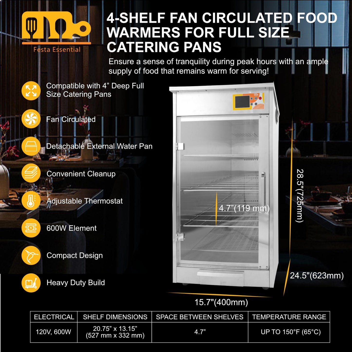 4-Shelf Electric Fan Circulated Hot Box Food Warmer for Holding 4" D Full-Size Steam Table Pans, Countertop Heated Holding Cabinet for Pizza Pretzel, Catering Warming Oven w/Water Tray, 120V, 600W