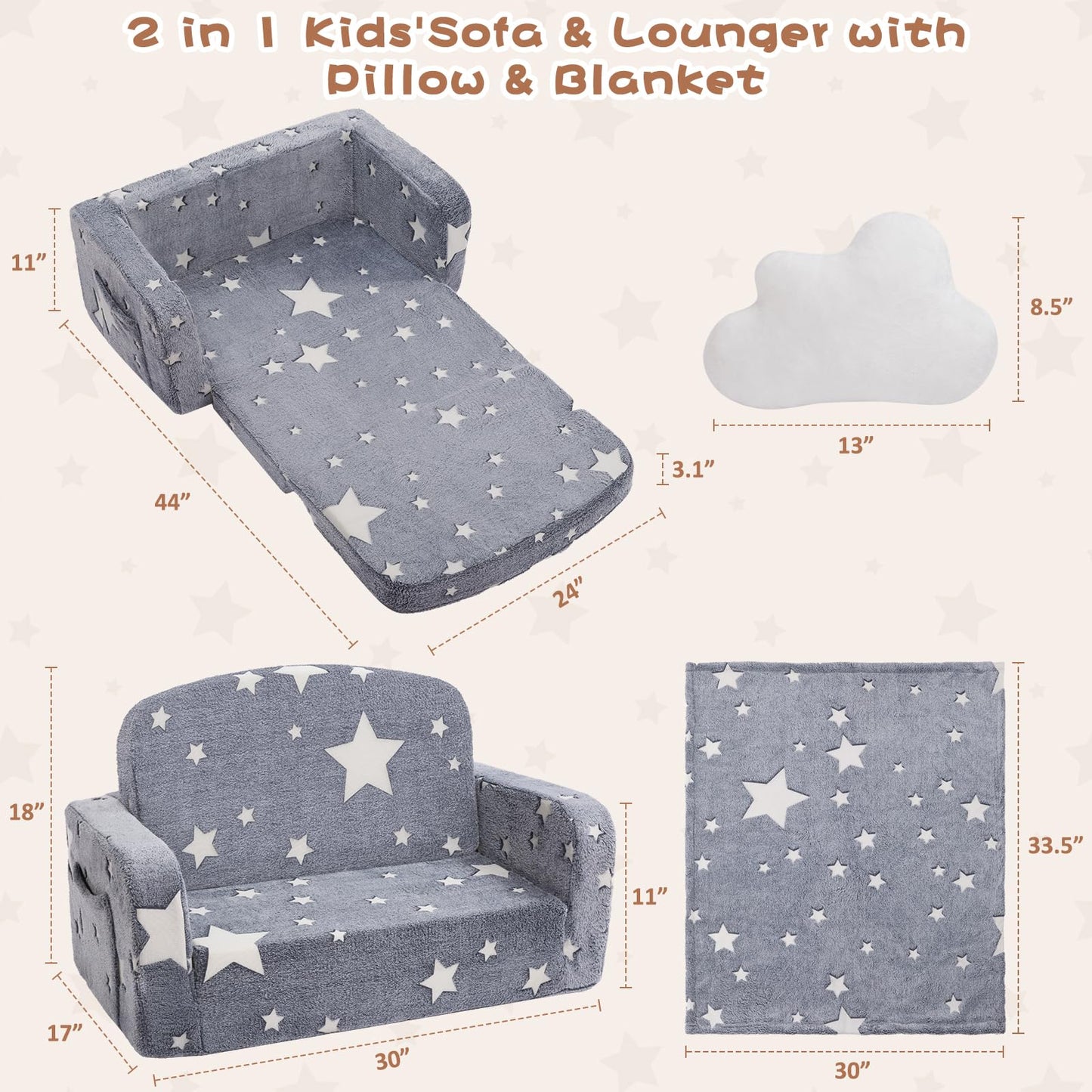 Foryoomi Extra Wide Kids Couch, 2-in-1 Soft Toddler Couch with Blanket, Glow in The Dark, Comfy Toddler Chair with Cloud Pillow, Convertible Sofa to Lounger, Star