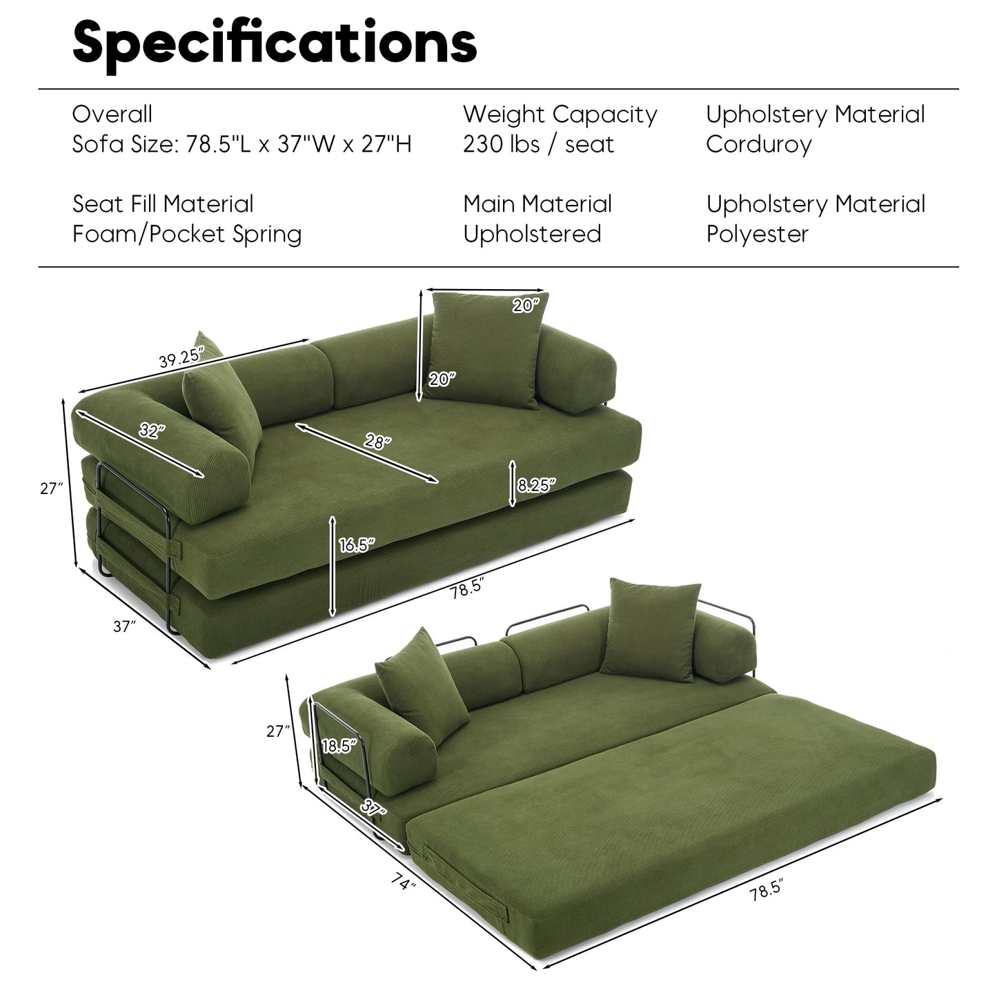 ZEIINPA Convertible Sleeper Sofa Bed with Cylindrical Pillow, Corduroy Folding Mattress Couch with Fixed-Shape Frame, Floor Sofa Lounge Couch for Living Room Bedroom Lounge Studio-Green