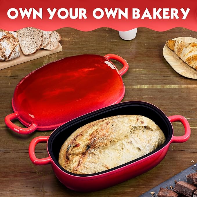 Dutch Oven for Bread Baking 9x6 Inch - 2.5QT Bread Pans for Homemade Bread Cast Iron Bread Pan Dutch Oven Loaf Pan with Lid and Loop Handles for Homemade Breadmaking, Red