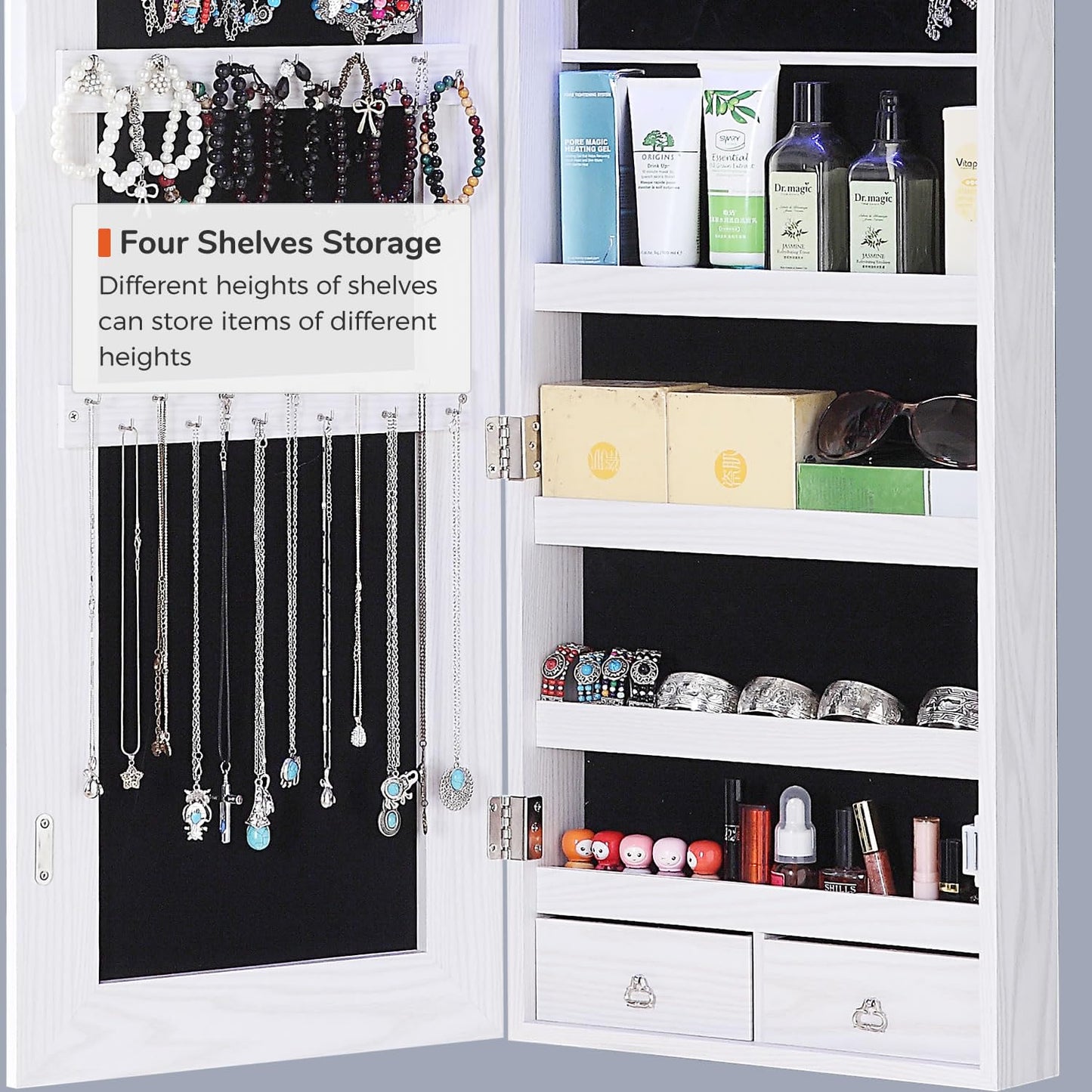 GISSAR Full Length Mirror Jewelry Cabinet, 6 LEDs Jewelry Armoire Wall Mounted Over The Door Hanging, Jewelry Organizer Storage with Lights Lockable White