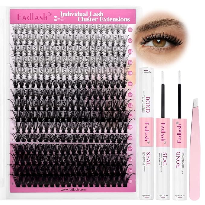 FADLASH Lash Extension Kit 20D+40D+50D Lash Clusters D Curl Lash Cluster Kit DIY Eyelash Extension Kit with Lash Bond and Seal Lash Tweezer Cluster Lashes (Kit, 20D+40D+50D-07D-Mix10-18)