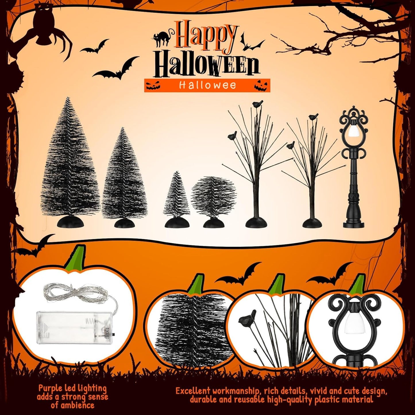 Zeyune Halloween Village Accessories Ornaments Set Bare Branches Bottle Brush Trees Halloween Night Street Lamps Figurine Set with LED String Lights for Party Decor(Orange Trees,17 Pcs)
