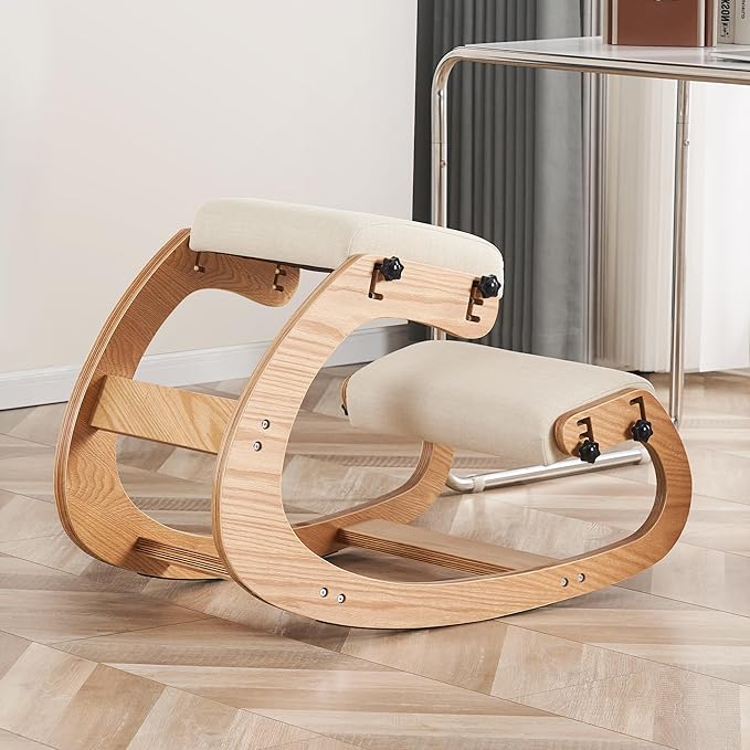 HoeuThien Ergonomic Kneeling Chair, Adjustable Rocking Office Chair Wooden Knee Chair Posture Chair for Home Office Back Pain Relief, Beige