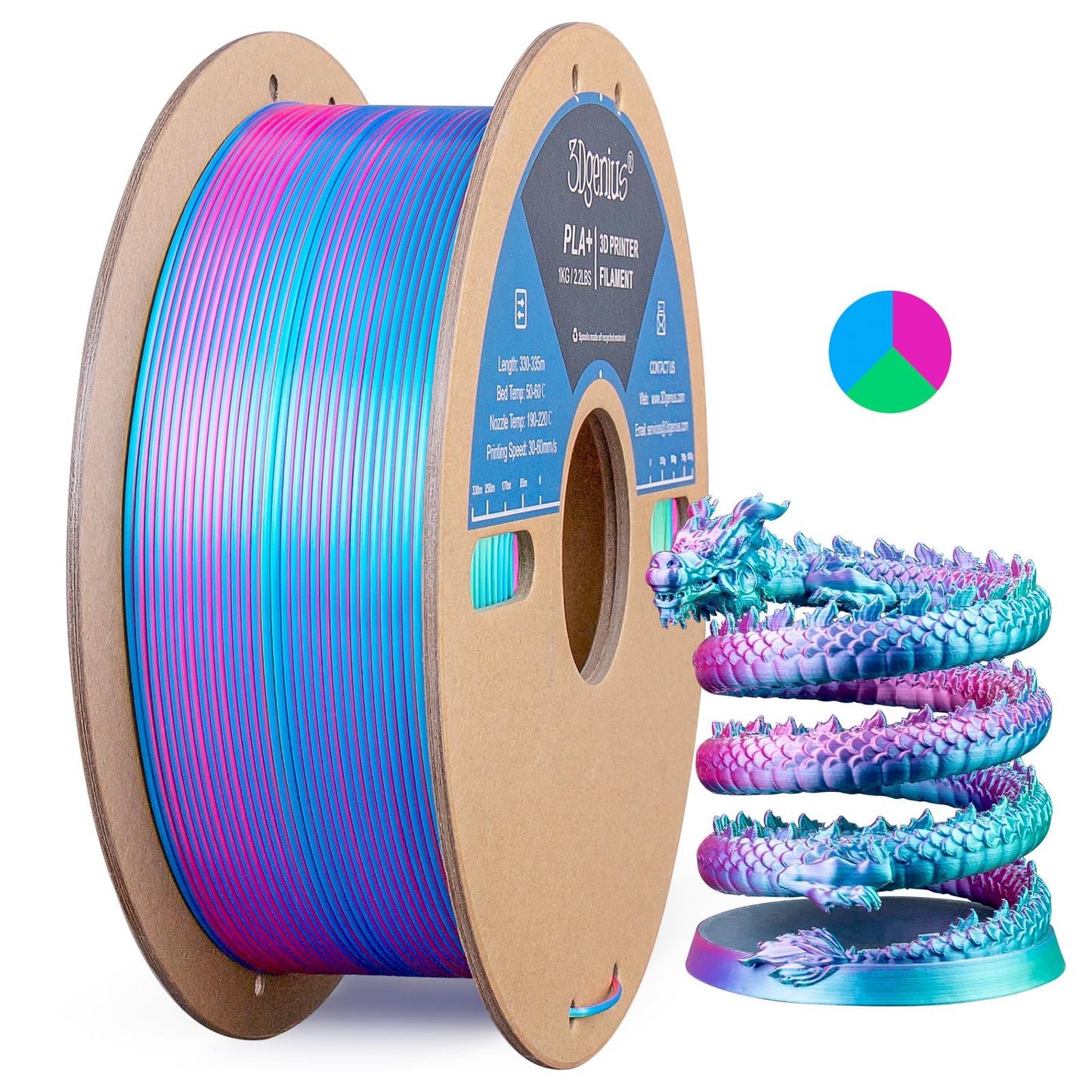 3Dgenius Silk PLA 3D Printer Filament Triple Color Silk PLA Filament 1.75mm 3D Printing Filament Fit Most FDM Printers, 1KG Spoo