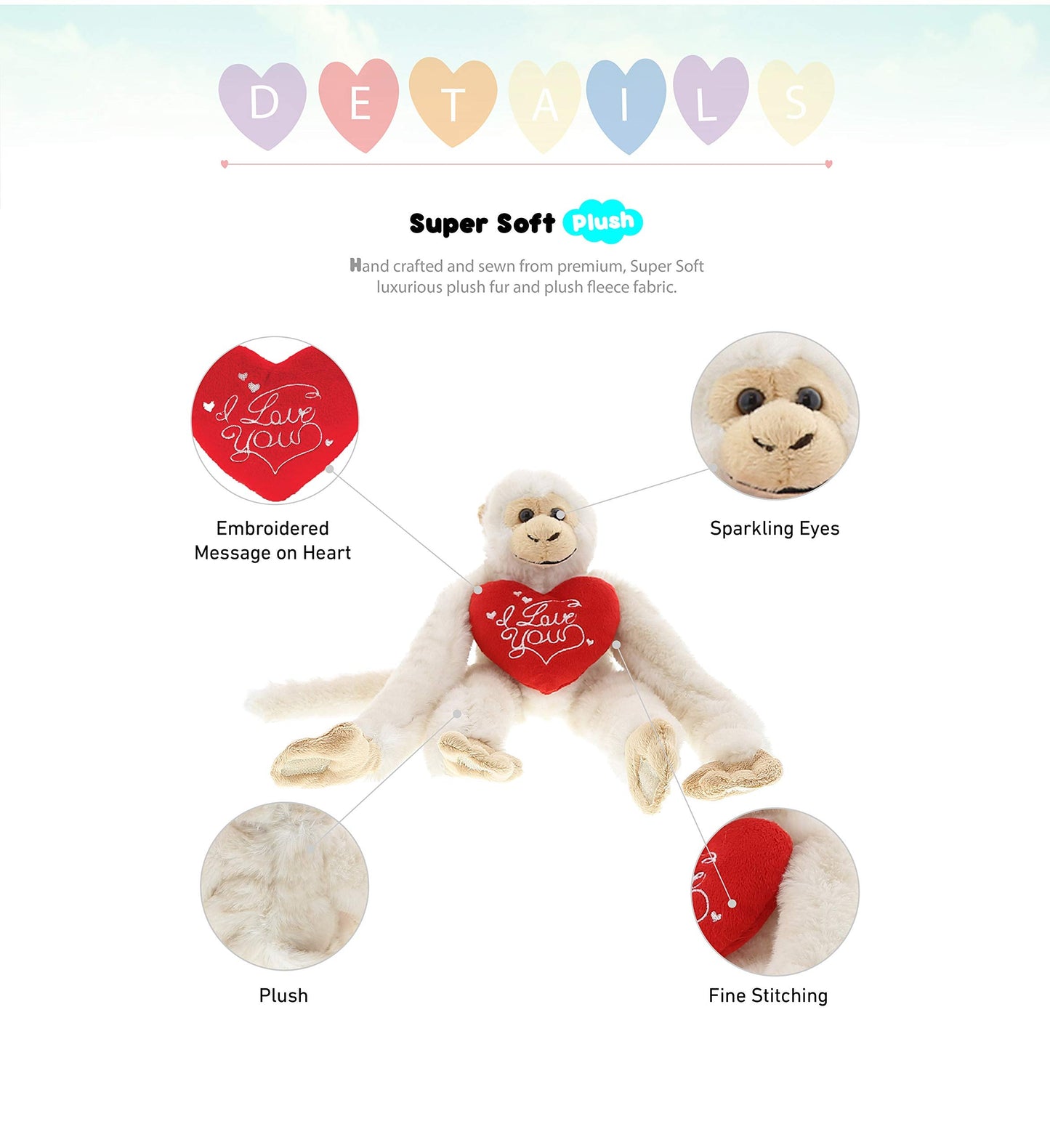 DolliBu I Love You Valentine Plush Hanging Monkey - Cute Stuffed Animal with Red Heart and Name Personalization Gift for Valentines Day, Birthday, Anniversary, Romantic Date - 21 Inches