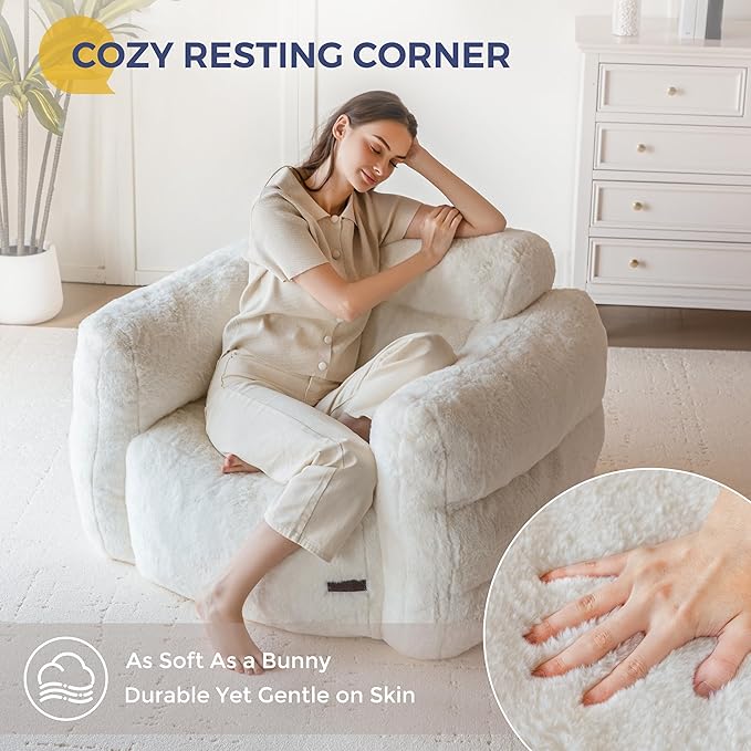 MAXYOYO Giant Bean Bag Chair for Adults, Ultra Soft Fluffy Bean Bag Sofa, Oversized Floor Sofa for Living Room Bedroom, Cozy Reading Chair with Filler, Beige