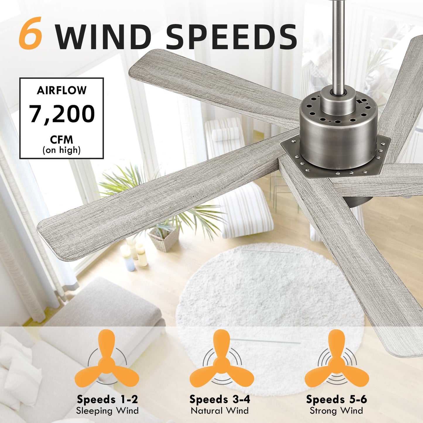 WINGBO 64" ABS DC Ceiling Fan with Lights, 5 Blade ABS Wood Grain Ceiling Fan with Remote, 6-Speed Reversible DC Motor, LED Ceiling Fans for Kitchen Bedroom Living Room, Antique Nickel and Grey